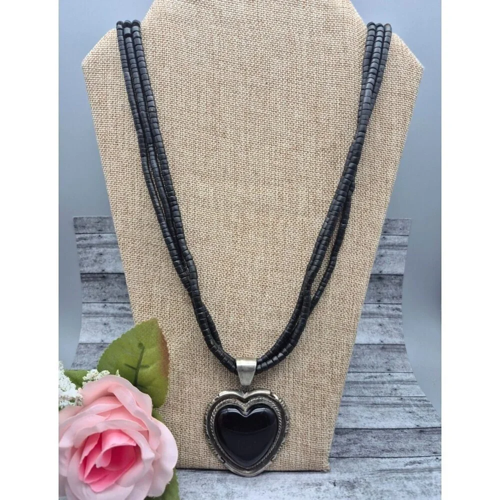 Multi Strand Bead Necklace Silver Tone Black Large Heart Pendant Whimsigoth